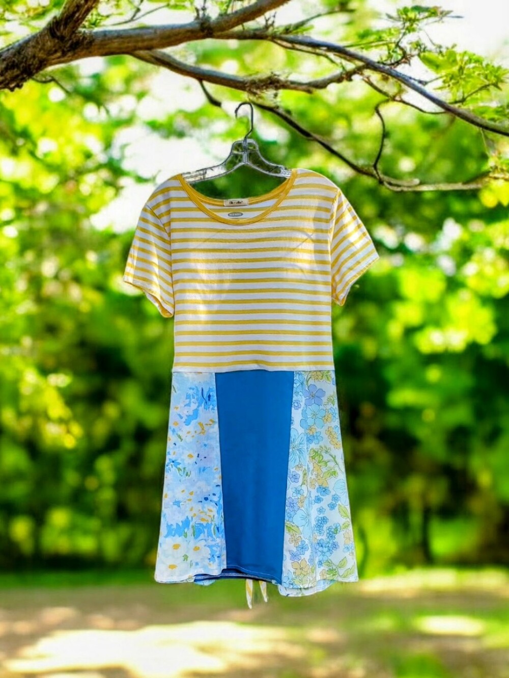 Upcycled Yellow Striped Floral Patchwork Tee Dress XL